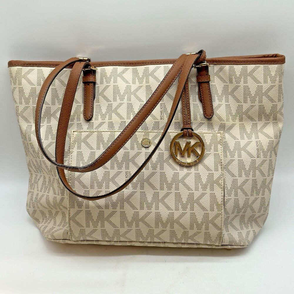 Michael Kors Signature Logo Jet Set Shoulder Bag Tote Large Vanilla & Brown MK